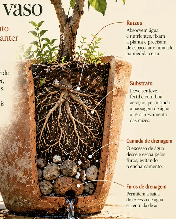 Vaso de terracota em corte mostrando raízes, substrato, camada de drenagem e furos de drenagem