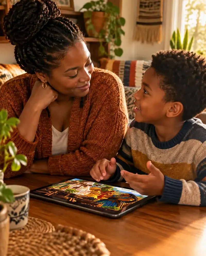Madre e hijo conversando junto a una tableta con una página del libro de Ogum