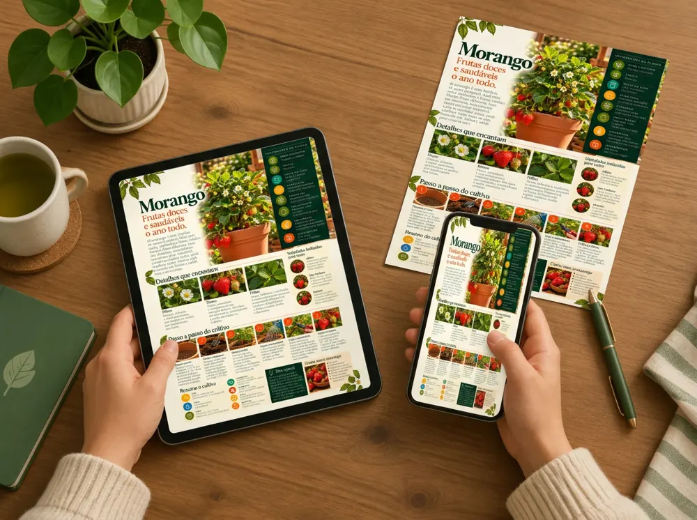 Mãos segurando um tablet e um celular com a ficha de cultivo do morango, ao lado da mesma ficha impressa em papel sobre a mesa
