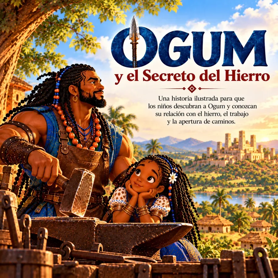 Portada de Ogum y el Secreto del Hierro: Ogum en la forja junto a una niña, con la ciudad de Ifé al fondo