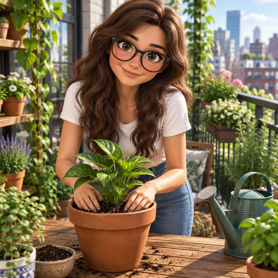Ilustração da personagem Louca das Plantas, de óculos pretos grandes, plantando em um vaso de terracota na varanda