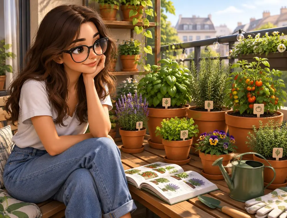 Ilustração da Louca das Plantas sorrindo diante de vasos organizados e etiquetados, com um guia aberto e um regador na varanda