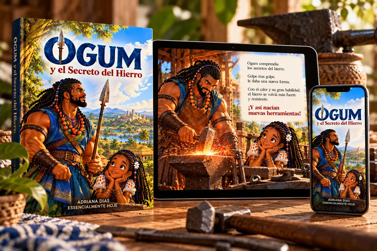 Ogum y el Secreto del Hierro en libro, tableta y celular