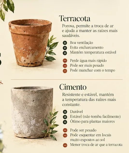 Comparativo entre vaso de terracota e vaso de cimento com vantagens e cuidados de cada material