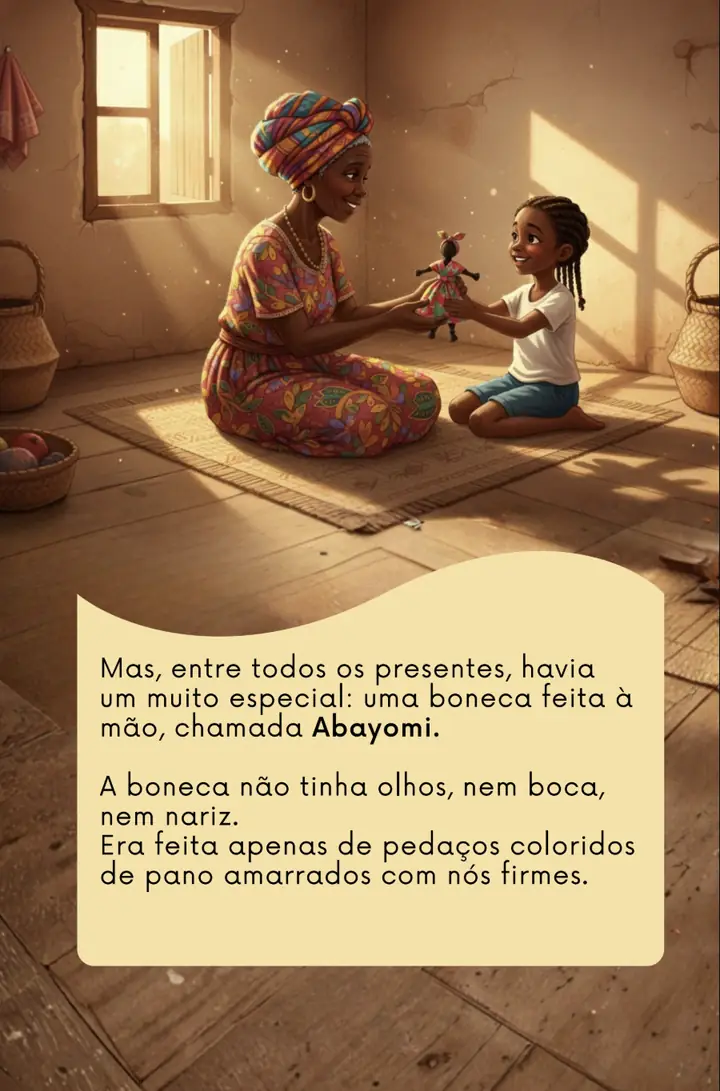Avó entregando a boneca Abayomi à criança