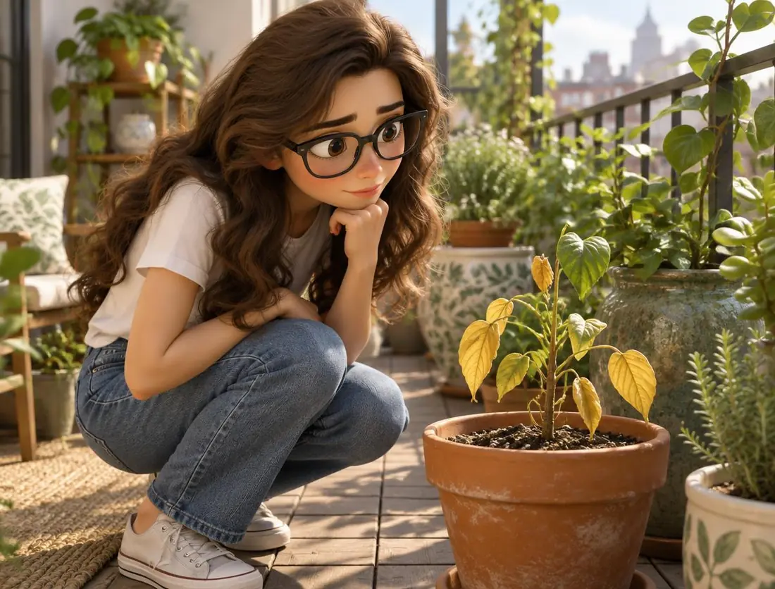 Ilustração da Louca das Plantas agachada na varanda observando um vaso de terracota com uma planta de folhas amareladas