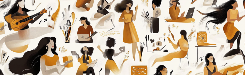 Ilustraçao nas cores preto, branco e amarelo de mulheres empreendedoras