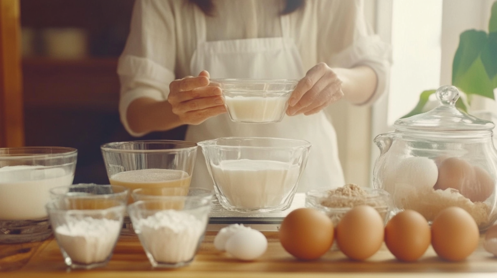 Mulher preparando um bolo caseiro com os ingredientes em cima de uma mesa.
